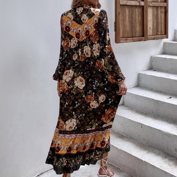 boho floral print button down long sleeve dress - Picture 6 of 7